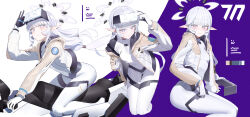 1girl absurdres adapted_costume black_hairband blue_archive bodysuit commentary grey_eyes hair_tubes hairband halo highres himari_(blue_archive) himari_(bodysuit)_(blue_archive) jacket long_hair looking_at_viewer mole mole_under_eye motor_vehicle motorcycle multicolored_halo multiple_views on_motorcycle open_clothes open_jacket pointy_ears purple_eyes riding skin_tight smile symbol-only_commentary two-tone_halo white_bodysuit white_hair white_halo white_jacket zanya_000