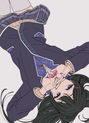 1girl black_hair black_jacket black_skirt bow bowtie brown_cardigan cardigan covering_own_mouth hair_spread_out highres jacket kamatama_rom long_hair miniskirt nijisanji pink_bow pink_bowtie plaid_clothes plaid_skirt pleated_skirt purple_eyes school_uniform shirt simple_background skirt solo thighhighs tsukino_mito tsukino_mito_(1st_costume) virtual_youtuber white_background white_shirt white_thighhighs