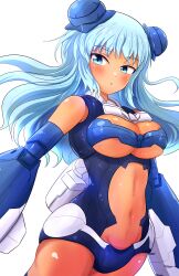 Rule 34 | 1girl, 30 minutes sisters, absurdres, blue eyes, blue hair, blue leotard, blue thighhighs, blush, breasts, cleavage, clothing cutout, cowboy shot, dark-skinned female, dark skin, floating hair, highres, joints, large breasts, leotard, long hair, looking at viewer, mecha musume, mechanical arms, medium breasts, navel, parted lips, revealing clothes, siana amarcia, simple background, solo, stomach cutout, tan, thighhighs, thrusters, underboob, white background, yabunoki