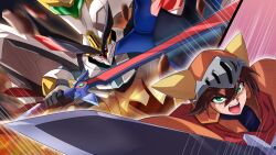Rule 34 | 1boy, adeu warsam, brown hair, cut-in, green eyes, haou taikei ryuu knight, helmet, holding, holding shield, holding sword, holding weapon, mecha, robot, ryu paladin lord zephyr, shield, shimazu kaname, sword, visor (armor), weapon