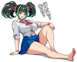 barefoot breasts huge_breasts menoa_(p&amp;d) puzzle_&amp;_dragons ribbon school_uniform sitting thick_thighs thighs twintails user_yvvj8357 yellow_eyes