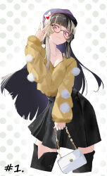 1girl absurdres alternate_costume bag bespectacled black-framed_eyewear black_hair black_skirt black_thighhighs blonde_hair blue_hat breasts brown_shirt cleavage closed_mouth collarbone commentary_request glasses handbag hat highres hololive hololive_dev_is juufuutei_raden long_hair long_sleeves looking_at_viewer menomeno_draw multicolored_hair polka_dot polka_dot_background puffy_long_sleeves puffy_sleeves round_eyewear shirt skirt solo streaked_hair thighhighs two-tone_hair virtual_youtuber white_bag