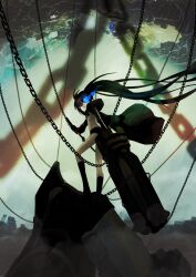 1girl absurdres arm_cannon bikini black_coat black_rock_shooter black_rock_shooter_(character) black_shorts blue_fire boots chain coat fire flaming_eye front-tie_bikini_top front-tie_top glowing glowing_eye highres hood hooded_coat long_hair mayaderakugaki open_clothes open_coat pale_skin rock_cannon scar shorts swimsuit twintails uneven_twintails weapon