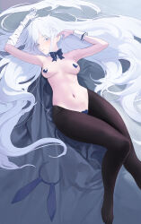 1girl absurdres animal_ear_hairband animal_ears bandaged_arm bandages blue_archive blue_bow blue_bowtie bow bowtie breasts breasts_apart detached_collar fake_animal_ears grey_eyes hair_ornament hair_spread_out hairband heart_maebari heart_pasties highres hiphighs long_hair looking_at_viewer lying maebari medium_breasts meme_attire nagusa_(blue_archive) navel on_back parted_lips pasties rabbit_ear_hairband rabbit_ears reverse_bunnysuit reverse_outfit snowflake_hair_ornament solo topless_female unworn_hairband very_long_hair white_hair wrist_cuffs yangsongihand