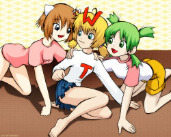 3girls 4chan barefoot bbmbbf blonde_hair brown_hair clothes feet green_eyes green_hair heart koiwai_yotsuba moot multiple_girls open_mouth quad_tails shirt t-shirt toes wt_snacks