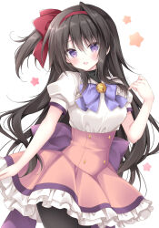 1girl :d back_bow bell black_hair black_pantyhose blush bow bowtie breasts commentary_request cowboy_shot frills hair_bow hair_ornament highres jingle_bell korie_riko long_hair looking_at_viewer medium_breasts neck_bell one_side_up open_mouth original pantyhose pink_skirt purple_bow purple_bowtie purple_eyes red_bow ribbon shirt short_sleeves skirt smile solo underbust very_long_hair white_shirt white_skirt