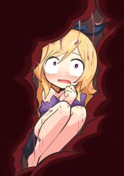 1girl akagami_(feat_akagami) blonde_hair blush bow_hairband constricted_pupils cramped dripping hairband inside_creature legs long_hair monster_strike open_mouth pandora_(monster_strike) scared shorts single_bare_shoulder solo sweatdrop swept_bangs torn_clothes vore wet wide-eyed