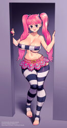 1girl bandeau bare_shoulders breasts cleavage curvy female_focus full_body highres large_breasts long_hair looking_at_viewer nail_polish navel one_piece perona pink_hair skirt solo striped_clothes striped_thighhighs supersatanson thick_thighs thighhighs thighs toeless_legwear toenail_polish toenails twintails underboob wide_hips