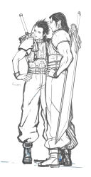 Rule 34 | 2boys, absurdres, angeal hewley, armor, baggy pants, beard, belt, black hair, boots, buster sword, chinstrap beard, crisis core final fantasy vii, cross scar, facial hair, facial scar, final fantasy, final fantasy vii, full body, greyscale, hands on own hips, highres, male focus, medium hair, monochrome, multiple belts, multiple boys, pants, pauldrons, scar, scar on cheek, scar on face, shakunage1, shoulder armor, sideburns, sketch, sleeveless, sleeveless turtleneck, turtleneck, weapon, weapon on back, white background, zack fair