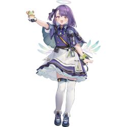 1girl arknights bag bow bracelet capelet detached_wings dress energy_wings food game_cg hair_bow halo holding holding_food holding_ice_cream ice_cream idida_(arknights) jewelry looking_at_viewer official_art one_side_up open_mouth purple_dress purple_hair shoes short_hair thighhighs white_thighhighs wings yellow_eyes