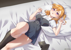 1girl absurdres artist_name bed black_thighhighs blush breasts collared_shirt commentary_request dress dress_shirt fingerless_gloves gloves grey_dress hair_between_eyes highres legs looking_at_viewer love_live! love_live!_superstar!! lying medium_breasts medium_hair on_back on_bed open_mouth orange_hair pillow pinafore_dress purple_eyes red_ribbon ribbon school_uniform shibuya_kanon shirt short_dress short_sleeves single_thighhigh sleeveless sleeveless_dress solo swept_bangs thighhighs twitter_username unworn_thighhighs white_shirt yuigaoka_school_uniform yzlkun