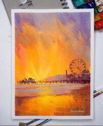 Rule 34 | commentary, english commentary, ferris wheel, gouache (medium), highres, no humans, ocean, orange sky, orange theme, original, paintbrush, painting (medium), paint palette, purple sky, scenery, signature, sky, sunset, tommykimart, traditional media, watercolor (medium)