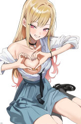 1girl absurdres aqua_skirt bare_legs black_choker black_necktie black_shoes black_socks blonde_hair blush choker collarbone gradient_hair haze_(ohw8g) heart heart-shaped_boob_challenge heart_hands highres kitagawa_marin long_hair looking_at_viewer loose_necktie multicolored_hair necktie pink_eyes pink_hair school_uniform shirt shoes single_bare_shoulder sitting skirt smile socks solo sono_bisque_doll_wa_koi_wo_suru straight_hair very_long_hair white_shirt yokozuwari