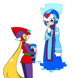 1girl android bliss_zero_(mega_man) blonde_hair blue_helmet bodysuit character_doll cyber_elf_x_(mega_man) doll full_body genderswap genderswap_(mtf) helmet long_hair mega_man_(series) mega_man_zero_(series) red_helmet stuffed_toy x_(mega_man) yuriyuri_(ccc) zero(z)_(mega_man) zero_(mega_man)