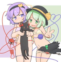 2girls :d animal bird black_cat black_hairband black_headwear bra cat commentary convenient_censoring eyeball flat_chest green_eyes green_hair hairband hat heart heart_of_string highres kaenbyou_rin kaenbyou_rin_(cat) komeiji_koishi komeiji_satori looking_at_viewer multiple_girls multiple_tails nekomata open_mouth panties panty_pull purple_eyes purple_hair reiuji_utsuho reiuji_utsuho_(bird) short_hair siblings simple_background sisters smile tail third_eye touhou turnip_kabura two_tails underwear underwear_only v white_bra white_panties