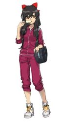 Rule 34 | 1girl, arm up, bag, black hair, bow, chiganemaru (tenka hyakken), collarbone, commentary request, eating, food, full body, gym shirt, gym uniform, hair bow, holding, holding food, holding ice cream, ice cream, ikezawa shin, long hair, long sleeves, looking at viewer, low twintails, pants, pants rolled up, red bow, red pants, school bag, shirt, sidelocks, simple background, sketch, sleeve rolled up, solo, tenka hyakken, twintails, white footwear, yellow eyes