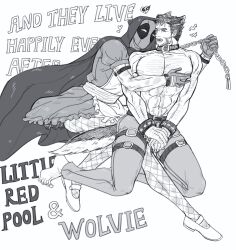 2boys abs alternate_costume animal_ears animification arm_hair barefoot beard big_bad_wolf big_bad_wolf_(cosplay) bow chain chain_leash chest_hair collar commentary cosplay couple deadpool deadpool_&amp;_wolverine deadpool_(series) dress english_commentary english_text facial_hair fishnets full_body gloves hairy halloween halloween_costume heart highres holding holding_leash hood hood_up large_pectorals leash little_red_riding_hood little_red_riding_hood_(grimm) little_red_riding_hood_(grimm)_(cosplay) looking_at_viewer male_focus marvel marvel_cinematic_universe mask mature_male monochrome multiple_boys muscular muscular_male navel nipples open_mouth pants pectoral_grab pectorals scar scars_all_over short_hair short_sleeves siyi1996 tail teeth thigh_strap too_many topless_male veins veiny_arms wolf_boy wolf_ears wolf_tail wolverine_(x-men) x-men yaoi