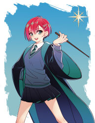 1girl absurdres amate_yuzuriha aqua_eyes blue_background chinese_commentary collared_shirt commentary_request cosplay feet_out_of_frame gradient_background gundam gundam_gquuuuuux hair_ornament hairclip harry_potter_(series) highres hogwarts_school_uniform holding holding_wand long_sleeves looking_at_viewer necktie noelsion open_mouth parody red_hair robe school_uniform shirt short_hair skirt slytherin smile solo sweater wand wizarding_world