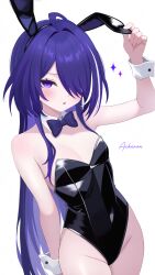 1girl absurdres acheron_(honkai:_star_rail) aged_down alternate_costume animal_ear_hairband animal_ears black_hairband black_leotard blush bow bowtie breasts character_name collar commentary_request covered_navel cowboy_shot detached_collar fake_animal_ears fuminshou_(nekopan_art) hair_over_one_eye hairband hand_on_own_ear hand_up highleg highleg_leotard highres honkai:_star_rail honkai_(series) leotard long_hair looking_at_viewer parted_lips playboy_bunny purple_bow purple_bowtie purple_eyes purple_hair rabbit_ears simple_background small_breasts strapless strapless_leotard very_long_hair white_background white_collar white_wrist_cuffs wrist_cuffs