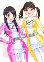 Rule 34 | 2girls, abe tsukumo, black hair, bodysuit, bodysuits, brown eyes, brown hair, gogo sentai boukenger, grey eyes, highres, mamiya natsuki, multiple girls, nishihori sakura, no headwear, super sentai