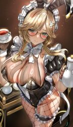 1girl ade_(nikke) alternate_costume alternate_hairstyle animal_ears black_leotard blonde_hair blush bow bowtie breasts bunny_day collared_dress cup detached_sleeves dress eyewear_strap fake_animal_ears fishnet_gloves fishnet_pantyhose fishnets frilled_leotard frills glasses gloves goddess_of_victory:_nikke green_eyes hair_ornament highres himonoata holding holding_cup holding_teapot huge_breasts leotard light_particles long_hair looking_at_viewer maid maid_headdress pantyhose parted_bangs playboy_bunny puffy_short_sleeves puffy_sleeves rabbit_ears rabbit_hair_ornament see-through_clothes see-through_leotard short_sleeves solo table tea teapot white_bow white_bowtie yellow-framed_eyewear