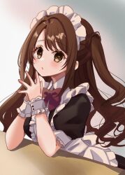 1girl apron black_dress blush bow brown_bow brown_eyes brown_hair collared_dress commentary_request dress frilled_apron frills grey_background highres idolmaster idolmaster_cinderella_girls idolmaster_cinderella_girls_starlight_stage long_hair looking_at_viewer maid maid_apron maid_headdress one_side_up parted_lips puffy_short_sleeves puffy_sleeves rino_cnc shimamura_uzuki short_sleeves solo steepled_fingers very_long_hair white_apron