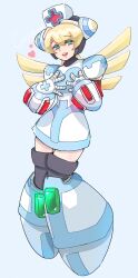 Rule 34 | 1girl, absurdres, blonde hair, blue eyes, character name, cinnamon (mega man), full body, grey background, hat, heart, highres, long hair, mega man (series), mega man x: command mission, mega man x (series), meshiuma0x, nurse, nurse cap, open mouth, robot girl, simple background, solo, teeth, tongue