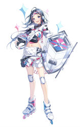 1girl :d absurdres ahoge bandaid bandaid_on_face belt black_hair full_body headband headset highres inline_skates knee_pads midriff navel open_mouth original paint_splatter roller_skates shield shorts skates smile solo spray_can standing white_background white_shorts woodsbench