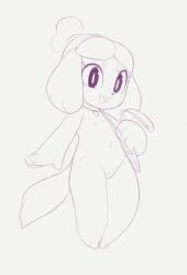 1girl animal_collar animal_crossing animal_ears animal_nose arm_at_side blush_stickers buck_teeth cleft_of_venus collar completely_nude dog_ears dog_girl dog_tail female_focus flat_chest full_body furry furry_female greyscale hand_up happy holding holding_leash isabelle_(animal_crossing) kekitopu leash looking_at_viewer monochrome navel nintendo nipples nude open_mouth parted_bangs pet_play pussy short_hair sketch smile solo standing stomach tail teeth topknot uncensored v-shaped_eyebrows