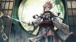 1girl absurdres bare_shoulders black_hairband black_thighhighs blonde_hair blue_eyes breasts cleavage closed_mouth commentary cowboy_shot detached_sleeves earrings english_commentary fate/samurai_remnant fate_(series) franlol hairband highres holding holding_sword holding_weapon japanese_clothes jewelry katana kimono large_breasts leaf_earrings long_sleeves looking_at_viewer magatama magatama_necklace medium_hair miyamoto_musashi_(fate) miyamoto_musashi_(woman_of_niten_ichiryuu)_(fate) necklace single_sidelock sleeveless sleeveless_kimono smile solo sword thighhighs weapon white_kimono white_sleeves wide_sleeves