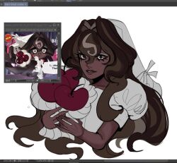 Rule 34 | 1girl, black forest cookie, bouquet, bridal veil, brown hair, cherry, cookie run, cookie run: kingdom, cross-shaped pupils, dark-skinned female, dark skin, dress, flower, food, fruit, hair between eyes, hair intakes, holding, long hair, looking at viewer, puffy short sleeves, puffy sleeves, reference sheet, short sleeves, siwtifearts, solo, symbol-shaped pupils, veil, wedding dress, white dress, white eyes