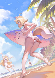 2girls \o/ absurdres alternate_costume animal_ears arms_up ass bare_legs barefoot bikini black_choker blonde_hair blue_eyes blue_sky breasts choker closed_eyes crab dog_ears dog_girl dog_tail feet from_below fuwawa_abyssgard highres holding holding_surfboard hololive hololive_english large_breasts lighthouse long_hair looking_at_animal medium_breasts mococo_abyssgard multiple_girls ocean one-piece_swimsuit open_mouth outstretched_arms palm_tree perroccino_(fuwamoco) sand shore short_hair siblings sisters sky smile soles surfboard swimsuit tail torn_bikini torn_clothes tree twins very_long_hair virtual_youtuber waves white_one-piece_swimsuit zetsuental