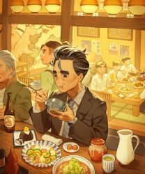 6+boys :t bottle bowl brown_jacket character_print closed_mouth collared_shirt commentary_request cup eating gen_1_pokemon gen_2_pokemon gen_8_pokemon girafarig greedent hands_up highres holding holding_bowl indoors jacket larry_(pokemon) long_sleeves magikarp multiple_boys necktie nintendo pokemon pokemon_sv restaurant shirt short_hair slice_of_life sumika_inagaki table tatami watch wristwatch