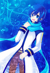 Rule 34 | 1boy, belt, blue background, blue eyes, blue hair, blue nails, blue scarf, brown pants, coat, commentary, cowboy shot, crodire, fingernails, kaito (vocaloid), looking at viewer, male focus, open mouth, pants, scarf, short hair, smile, solo, vocaloid, white coat, yellow belt