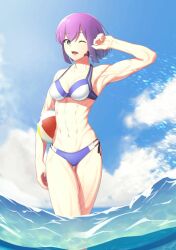 1girl abs ball beachball bikini highres ocean purple_hair putcher swimsuit water