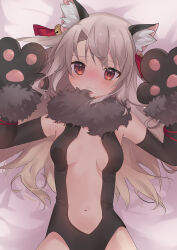 1girl absurdres akaneko016 animal_ear_fluff animal_ears animal_hands bare_shoulders bell black_gloves black_leotard blush breasts cat_ears center_opening elbow_gloves fake_animal_ears fate/kaleid_liner_prisma_illya fate_(series) fur_collar gloves hair_ribbon highres illyasviel_von_einzbern illyasviel_von_einzbern_(beast_style) jingle_bell leotard long_hair looking_at_viewer navel paw_gloves red_eyes ribbon sidelocks small_breasts solo white_hair