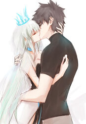 1boy 1girl black_dress black_hair black_shirt blue_choker blue_hair choker closed_eyes couple crown dress fate/grand_order fate_(series) fujimaru_ritsuka_(male) gradient_hair hair_between_eyes hair_down hand_on_another&#039;s_back hand_on_another&#039;s_head hetero highres jewelry kiss long_hair morgan_le_fay_(fate) morgan_le_fay_(second_ascension)_(fate) multicolored_hair ring ringozuki shirt short_hair short_sleeves simple_background strapless strapless_dress veil very_long_hair white_background white_hair
