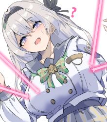 Rule 34 | 1girl, ?, black hairband, black ribbon, blue pupils, bow, bowtie, breasts, buttons, collared shirt, double-breasted, firefly (honkai: star rail), firefly (spring missive) (honkai: star rail), green bow, green bowtie, grey hair, grey skirt, hair between eyes, hair intakes, hair ornament, hair ribbon, hairband, honkai: star rail, honkai (series), large breasts, laser, long hair, long sleeves, multicolored eyes, open mouth, plaid bow, plaid bowtie, plaid clothes, pleated skirt, ribbon, school uniform, serafuku, shirt, simple background, skirt, solo, sweatdrop, white background, white shirt, white sleeves, ynfkin