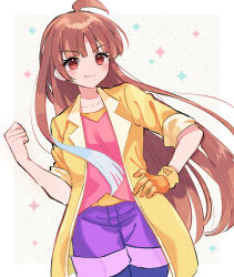 1girl ahoge alternate_hair_length alternate_hairstyle atari_(puyopuyo) blue_pantyhose blunt_bangs border breasts brown_hair clenched_hand closed_mouth coat cowboy_shot determined dot_nose gloves grey_background hand_on_own_hip hand_up kashima_miyako lab_coat light_blush long_hair looking_at_viewer medium_breasts open_clothes open_coat orange_gloves outside_border pantyhose pink_shirt purple_shorts puyopuyo puyopuyo_quest red_eyes shirt shorts single_glove sleeves_pushed_up smile solo sparkle_background standing very_long_hair white_border wind yellow_coat yellow_shirt