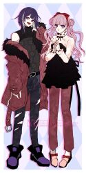 alternate_costume border brother_and_sister ear_piercing earrings eyelashes full_body hands_up highres jewelry long_hair looking_at_viewer matching_hair/eyes open_mouth piercing pink_eyes pink_hair purple_background purple_hair siblings simple_background standing teeth the_hundred_line_-last_defense_academy- tsukumo_ima tsukumo_kako twins twintails upper_teeth_only white_border