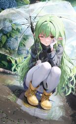 1girl absurdres black_tail blue_archive boots gloves green_hair haine_(artist) halo highres hikari_(blue_archive) holding holding_umbrella long_hair long_sleeves one_eye_closed pointy_ears puddle squatting train_conductor umbrella white_gloves yellow_boots yellow_eyes