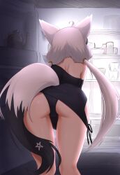 1girl absurdres ahoge animal_ears ass back bent_over black_dress black_hairband black_panties black_sleeves detached_sleeves dress ear_piercing fox_ears fox_girl fox_tail from_behind hairband highres hololive in_container in_refrigerator low_twintails multicolored_tail official_alternate_costume oyster_pail panties pentagram piercing refrigerator refrigerator_interior shirakami_fubuki shirakami_fubuki_(loungewear) solo tail telomere twintails underwear virtual_youtuber white_hair
