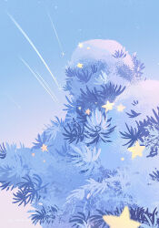 artist_name blue_sky blue_theme cloud highres huhv. no_humans original outdoors plant scenery shooting_star sky snow star_(sky) star_(symbol) starry_sky tree winter