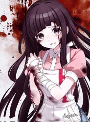 Rule 34 | 1girl, :o, aegean sea, apron, artist name, bandaged arm, bandages, black eyes, black hair, blood, blood bag, blush, collared shirt, cowboy shot, danganronpa (series), danganronpa 2: goodbye despair, highres, long hair, pink shirt, puffy short sleeves, puffy sleeves, shirt, short sleeves, solo, tsumiki mikan, two-tone shirt, white apron, white shirt