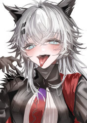 1girl absurdres animal_ears arknights black_gloves blue_eyes blush commentary_request crossed_bangs fangs glint gloves grey_hair hair_between_eyes hair_ornament hairclip hand_up highres horobu lappland_(arknights) lappland_the_decadenza_(arknights) long_hair looking_at_viewer open_mouth piercing scar scar_across_eye scar_on_face simple_background smile solo tongue tongue_out tongue_piercing upper_body white_background wolf_ears wolf_girl