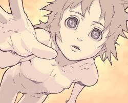 1girl commentary_request completely_nude expressionless flat_chest grey_eyes grey_hair hijiri_rei key_the_metal_idol looking_at_viewer mima_tokiko nude oekaki parted_lips reaching reaching_towards_viewer short_hair sketch solo wide-eyed
