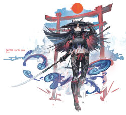 1girl :/ absurdres animal_ears arknights arm_up black_hair black_pants blue_hair brown_eyes closed_mouth commentary dog_ears ears_through_headwear english_commentary facial_mark forehead_mark franlol full_body hand_on_headwear hat highres holding holding_polearm holding_weapon jingasa long_hair monster_hunter_(series) naginata odogaron_(master_rank_armor) pants parted_bangs polearm saga_(arknights) solo standing sun torii very_long_hair weapon white_background
