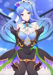Rule 34 | 1girl, black gloves, black thighhighs, blue eyes, blue hair, breasts, bug, butterfly, butterfly wings, closed mouth, dress, elbow gloves, fairy wings, fire emblem, fire emblem fates, fire emblem heroes, flora (fire emblem), flora (resplendent) (fire emblem), flower, gloves, hair flower, hair ornament, headdress, insect, insect wings, large breasts, long hair, looking at viewer, maid, maid headdress, nintendo, official alternate costume, smile, solo, sylphy fe, thighhighs, twintails, wings