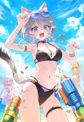 3girls aglaea_(honkai:_star_rail) alternate_costume animal_ear_fluff animal_ears armpits bare_shoulders bikini black_bikini blonde_hair blue_eyes blue_nails blue_sky bow breasts castorice_(honkai:_star_rail) cat_ears cat_girl cat_tail cipher_(honkai:_star_rail) cleavage cloud cloudy_sky commentary eyewear_on_head fang grey_hair hair_bow heart heart-shaped_eyewear highres honkai:_star_rail honkai_(series) large_breasts looking_at_viewer medium_breasts miho_(mymiho) mole mole_on_breast multicolored_nails multiple_girls navel open_mouth outdoors purple_hair sky stomach sunglasses swimsuit tail thigh_strap white_bow yellow_nails