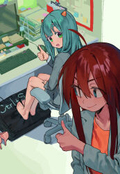 2girls aqua_hair bare_legs barefoot blue_eyes chair clipboard closed_mouth coat computer_keyboard computer_mouse desk feet full_body green_eyes grey_jacket grey_skirt hair_between_eyes hand_on_own_thigh hand_up high_heels highres hipa_(some1else45) horns indoors jacket lab_coat legs legs_together looking_at_another monitor multiple_girls nahia_(some1else45) office_chair office_lady open_mouth orange_shirt original pink_shoes red_hair shadow shirt shoes short_eyebrows sitting sketch_background skirt smile some1else45 stiletto_heels swivel_chair thick_eyebrows thumbs_up toenails toes unworn_shoes upper_body white_coat
